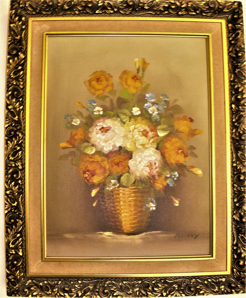 Peinture à lhuile originale Un panier aux roses signé Berry vintage image 2