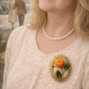 Vintage brooch with genuine coral and jade