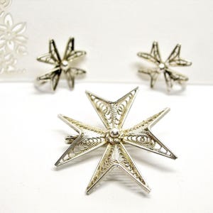 Sterling SILVER FILIGREE CROSS jewellery set a brooch and earrings screw back