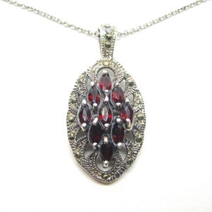 SILVER GARNET PENDANT Necklace marcasite vintage