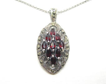 SILVER GARNET PENDANT Necklace marcasite vintage