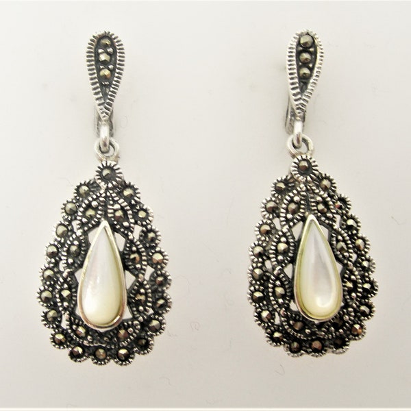 VINTAGE Silver White Mother of Pearl Earrings main image 1