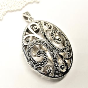 Large sterling SILVER MARCASITE LOCKET pendant aroma therapy vintage