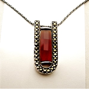 Garnet and marcasite silver pendant necklace large vintage