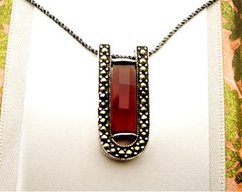 Garnet and marcasite silver pendant necklace large vintage