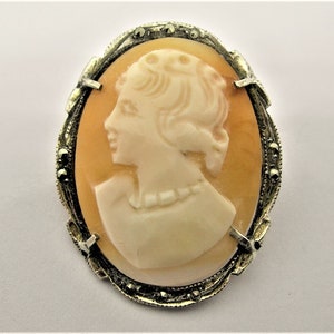 Edwardian SILVER CAMEO BROOCH Pendant with hand carved shell and marcasite