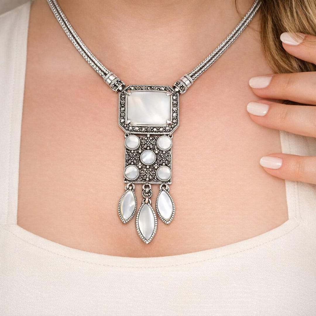 ART DECO STERLING Silver Necklace With White Shell and Marcasite - Etsy