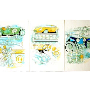 3 Vintage PAINTINGS-VINTAGE CARS water colour and pencil