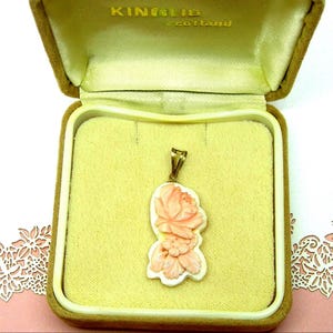 CORAL PENDANT A ROSE hand carved gold on silver Angel skin Vintage gift for her