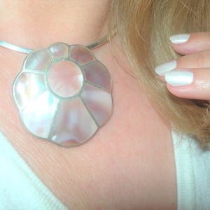 Sterling silver Pink shell Camelia flower pendant necklace large Avant-Garde