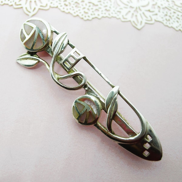 Sterling SILVER BROOCH MACKINTOSH Design's inspired Roses with mother of pearl vintage