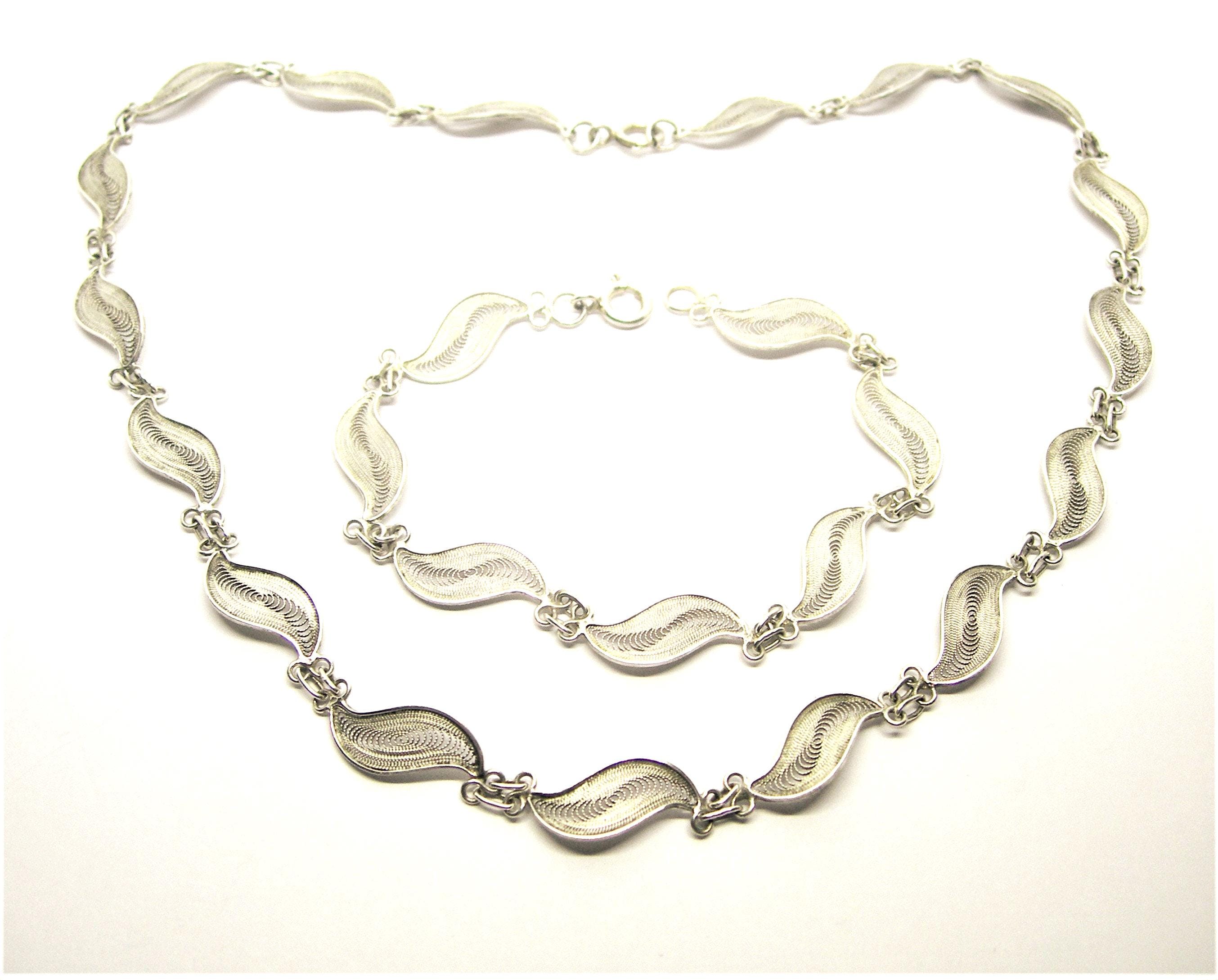 Sterling silver filigree jewellery set Paisley necklace and bracelet