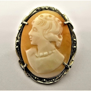 Edwardian SILVER CAMEO BROOCH Pendant with hand carved shell and marcasite