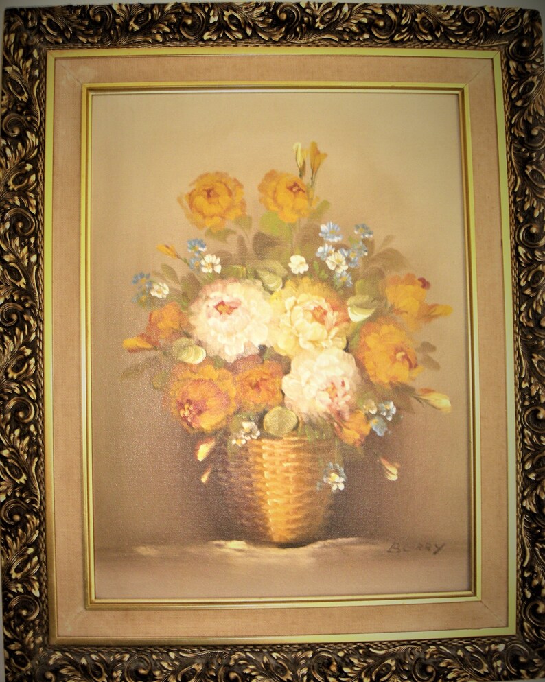 Peinture à lhuile originale Un panier aux roses signé Berry vintage image 4