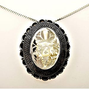 SILVER MOTHER of PEARL oval pendant brooch Jerusalem vintage Gift for her