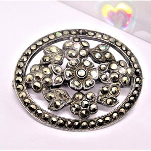 SILVER BROOCH with marcasite vintage oval, GIFT for her