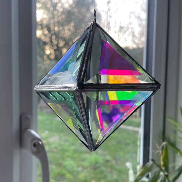 3D stained glass octahedron sun catcher  which changes colour with light and motion