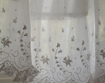 Antique French fine cotton lawn hand embroidered white work petticoat skirt, lace trim on frill