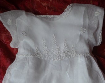 Antique French hand made embroidered appliqué on net tulle child's over dress
