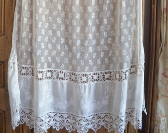 Hand embroidered needle lace curtain, white work embroidery and needle lace scalloped hem and insert, ribbon on tulle fabric