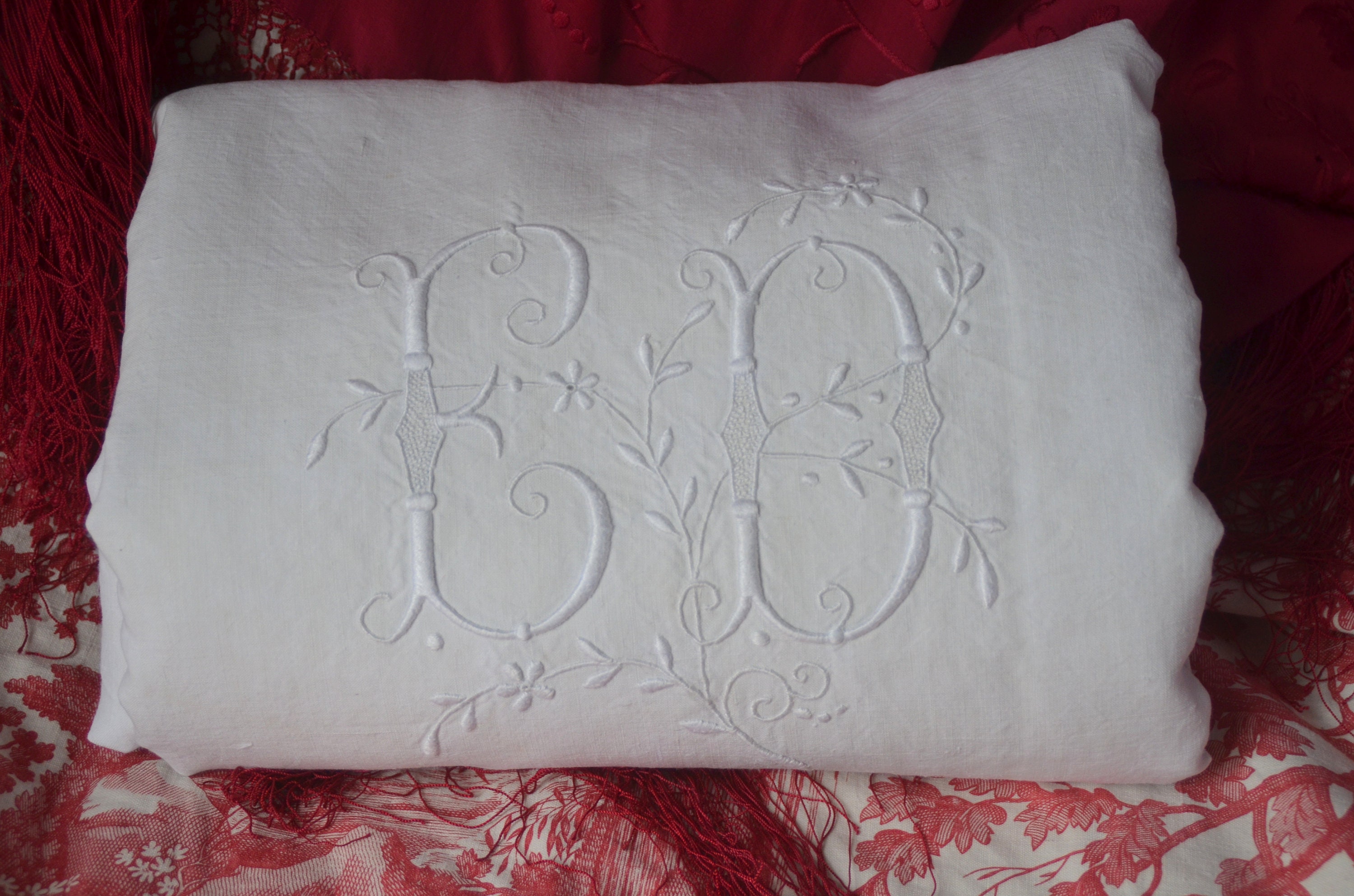 Drap Ancien Français Pur Lin Monogramme Trousseau, Brodé Ed, Travaux de Fleurs Blanche, Croustillant