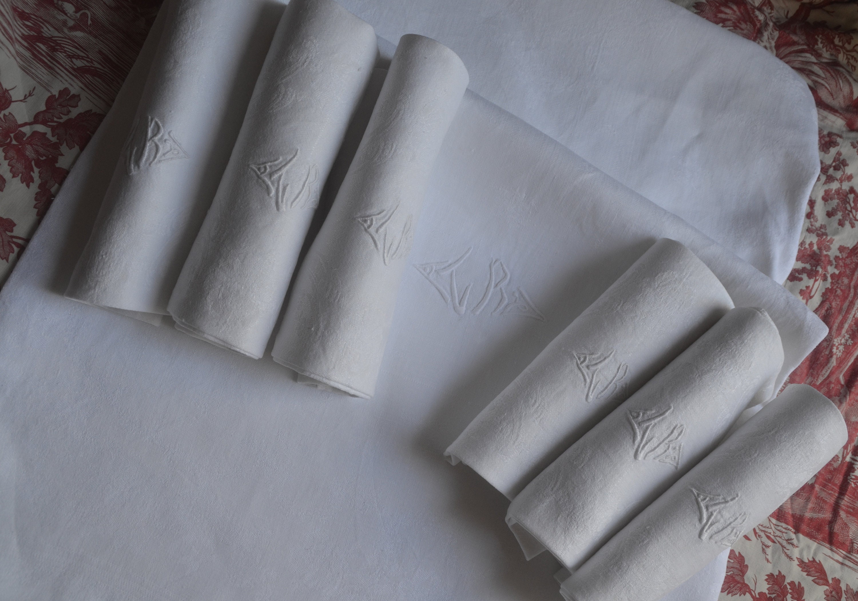 Antique French Pure Linen, Floral Damask Table Cloth, 2 Hand ...