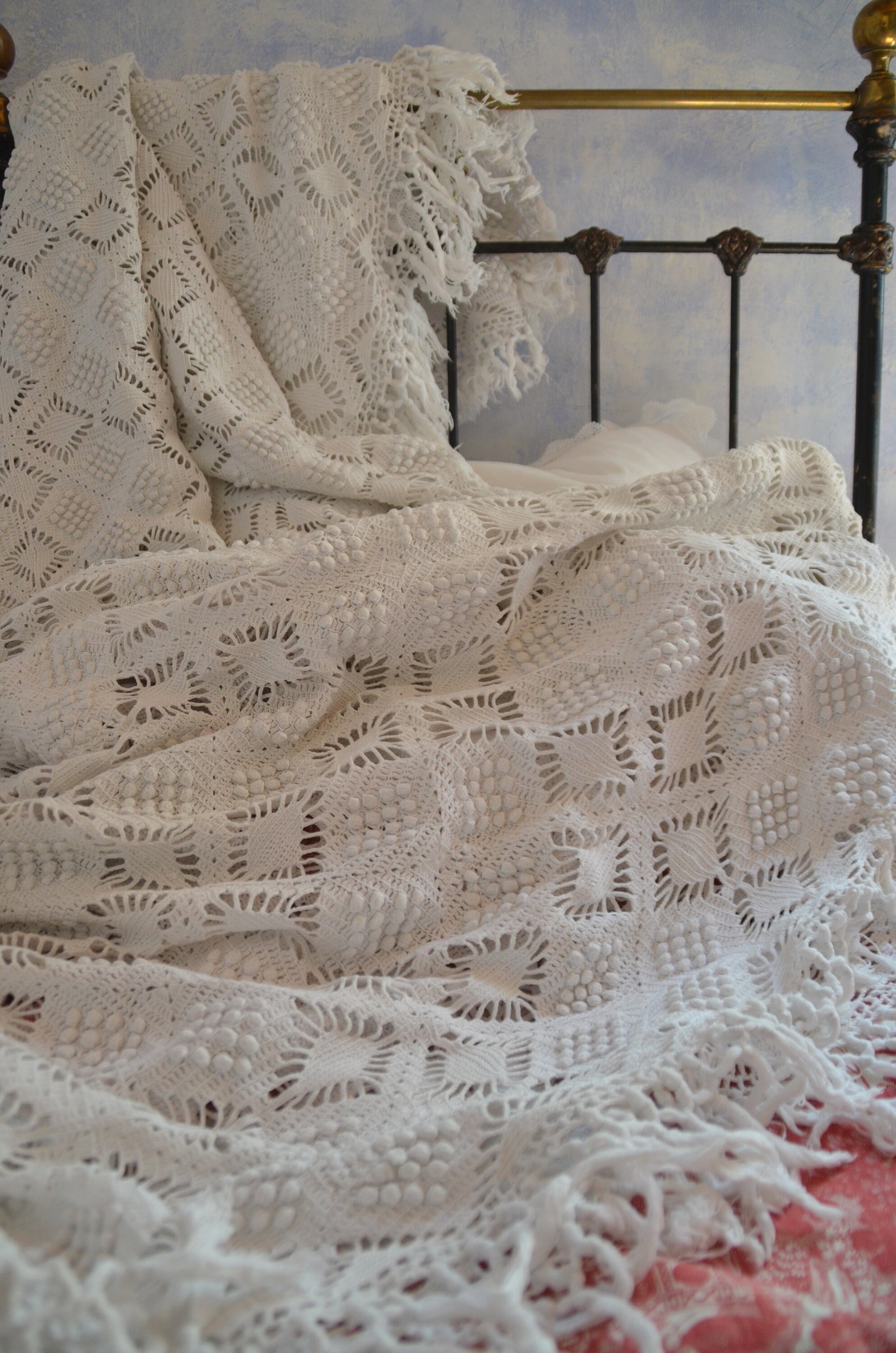 Antique Français Crochet à La Main Couverture de Lit en Coton Pur ou Jeter Environ 92 X 54