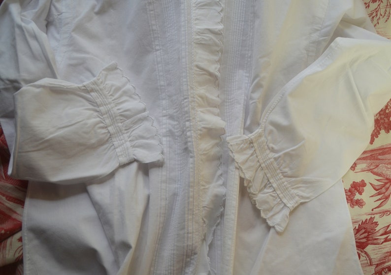 Antique French pure crisp cotton hand made and embroidered ladies blouse hand embroidered scalloped edges fine pin tucked front