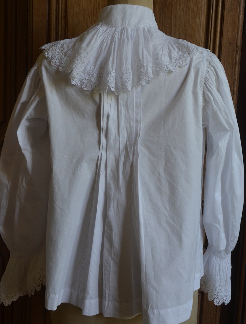Antique French Victorian Napoleon III pure cotton hand made embroidered blouse white work lace frill entirely hand made and embroidered