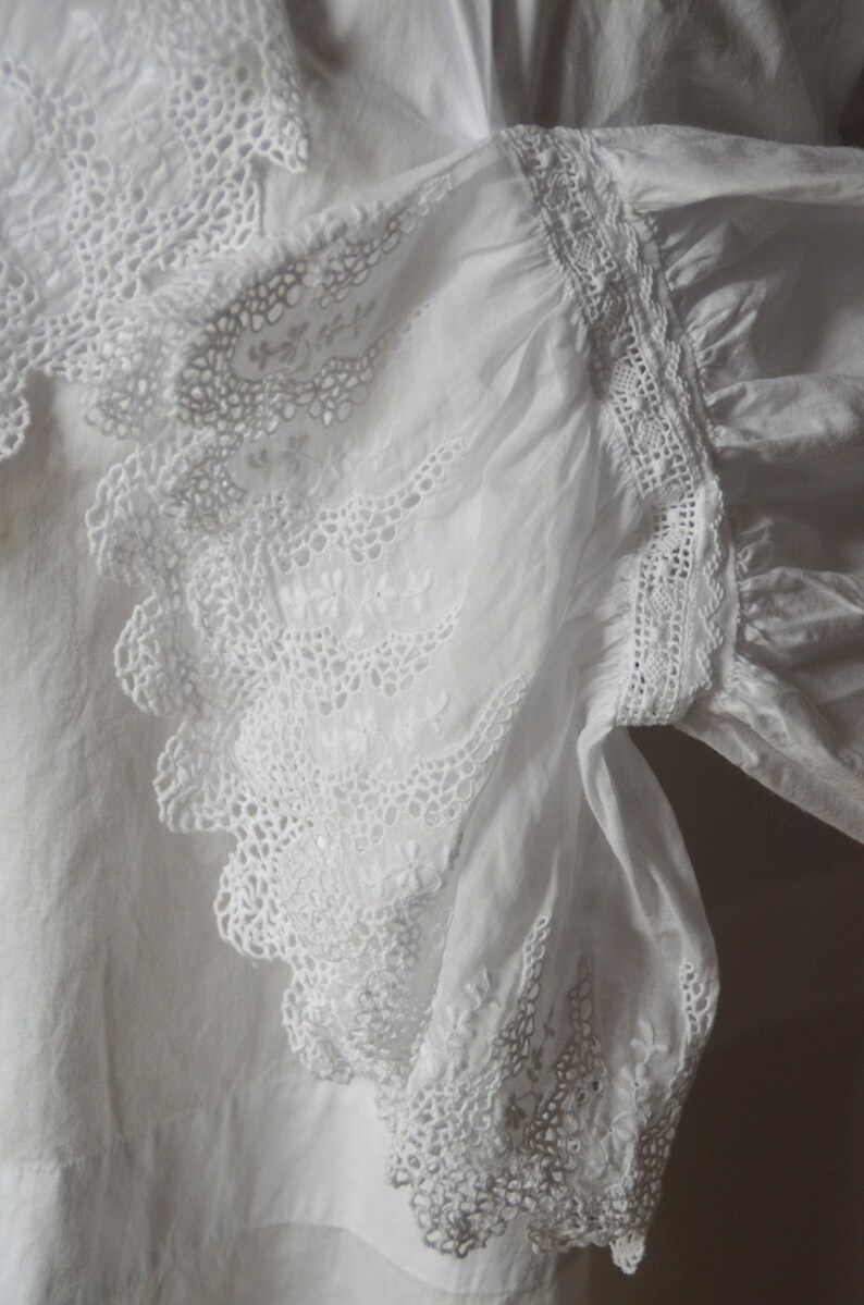 Antique French Victorian Napoleon III pure cotton hand made embroidered blouse white work lace frill entirely hand made and embroidered