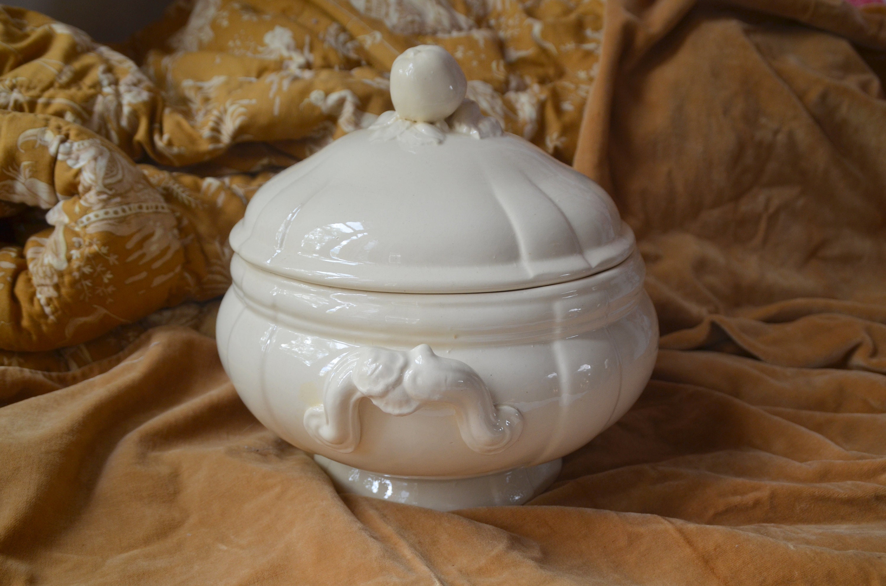 Antique Français Soupe en Céramique Blanche Crémeuse Tureen, Soupiere, Digoin & Sarreguemines Vers 1