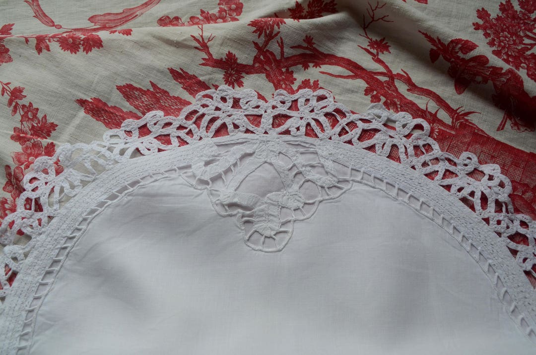 French Hand Embroidered Boudoir Pillow Cover, Tape Lace Edge, White