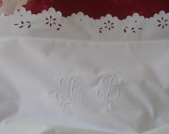 Antique pure fine cotton pillow case sham, HB monogram, cut work white work floral scalloped edge, laundered dowry linen
