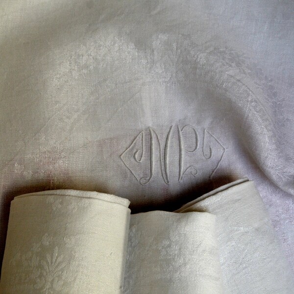 Antique French pure linen floral damask table cloth, trellis weave border, hand embroidered NP monogram, French trousseau linen