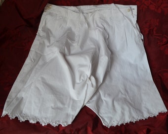 A pair of vintage French pure cotton shorts or bloomers, hand embroidered white work eyelet lace/broderie anglaise