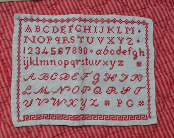 Original antique French cross stitched sampler from early 1900's