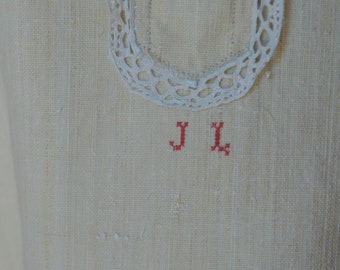 Rustic linen 19th century shift,  under shirt, red JL monogram, lace edged placket opening