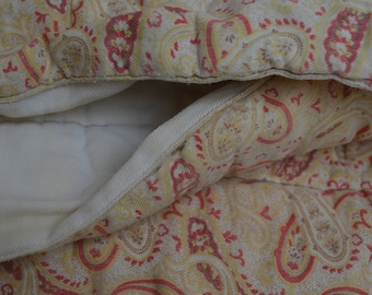French hand quilted Provencal quilt, red and creamy orange cashmere/paisley design, un even off white faintly ribbed cotton back