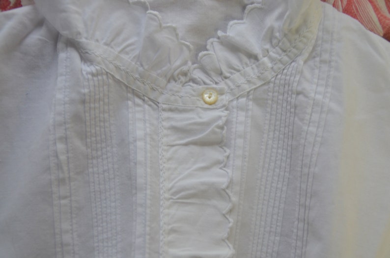 Antique French pure crisp cotton hand made and embroidered ladies blouse hand embroidered scalloped edges fine pin tucked front