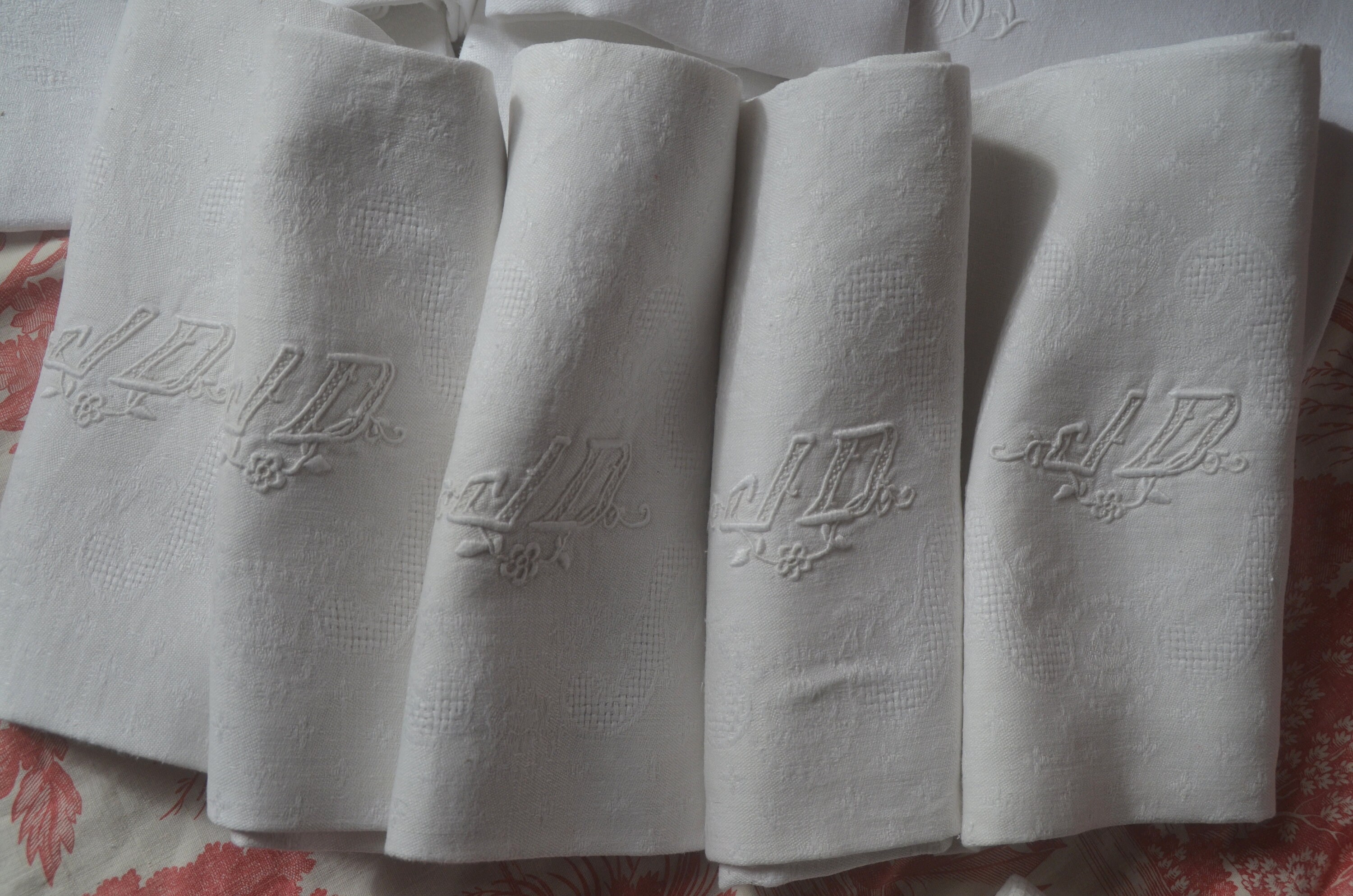 5 Serviettes de Table en Treillis Damassé Lin Pur, Monogrammes Jd Art Déco Blancs, Linge Trousseau