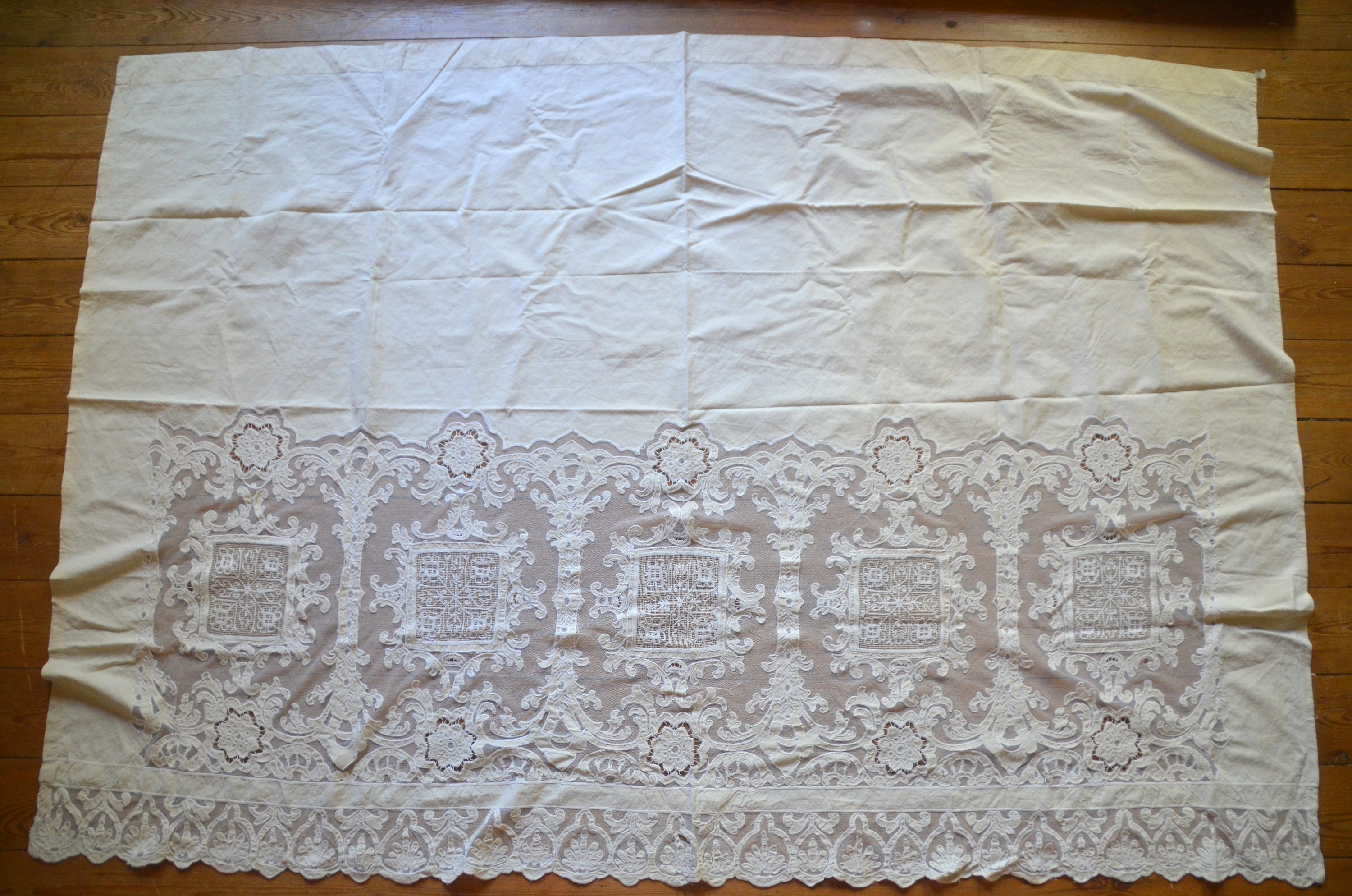 Original Lin Rideau Panneau Filet Tulle Appliqué, Motifs de Style Renaissance, Couture Cornelly, Dat