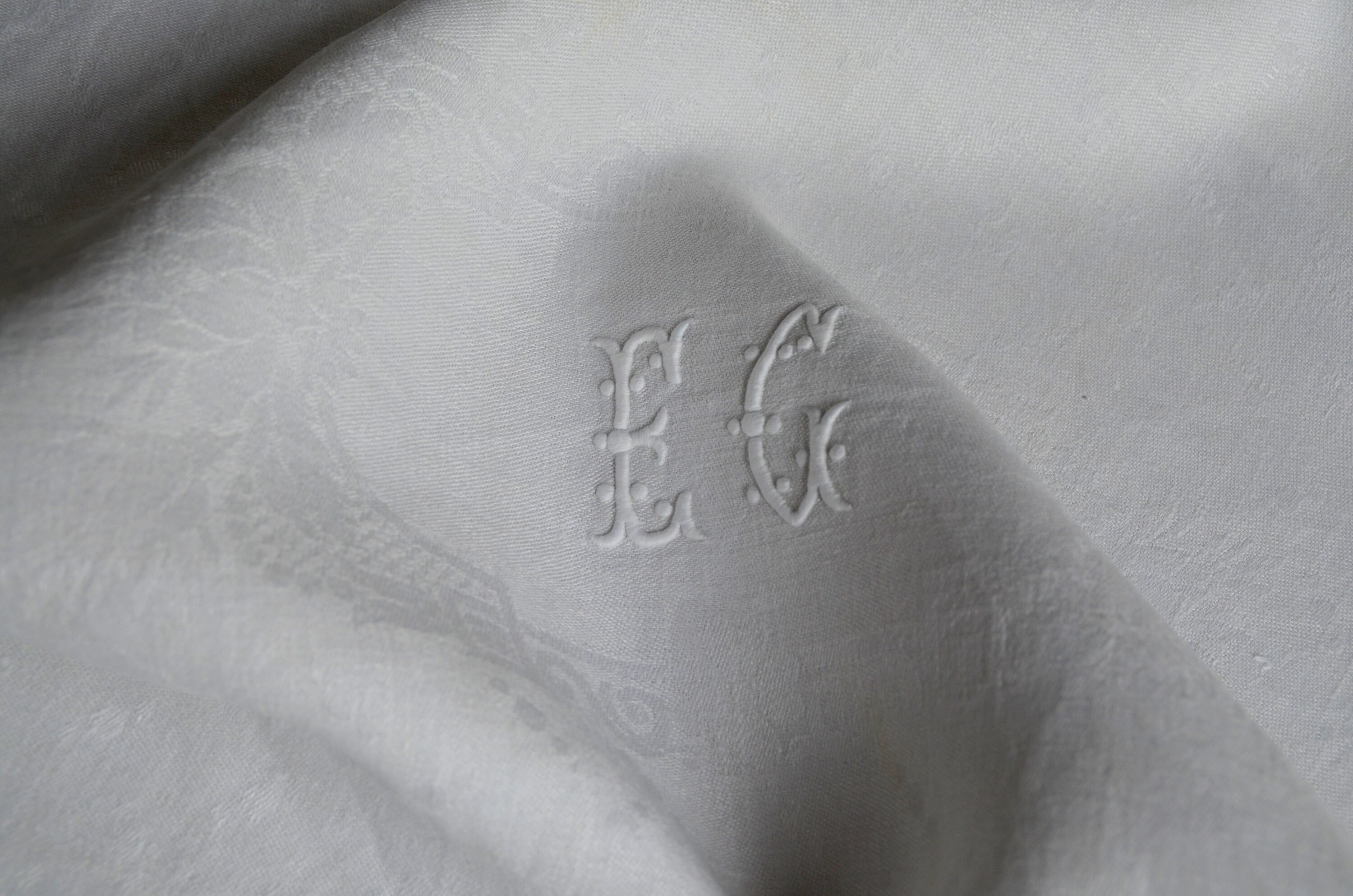 4 Serviettes de Damas en Lin Français Pures Antiques, Tissage Floral, Monogramme Ec Brodé à La Main,
