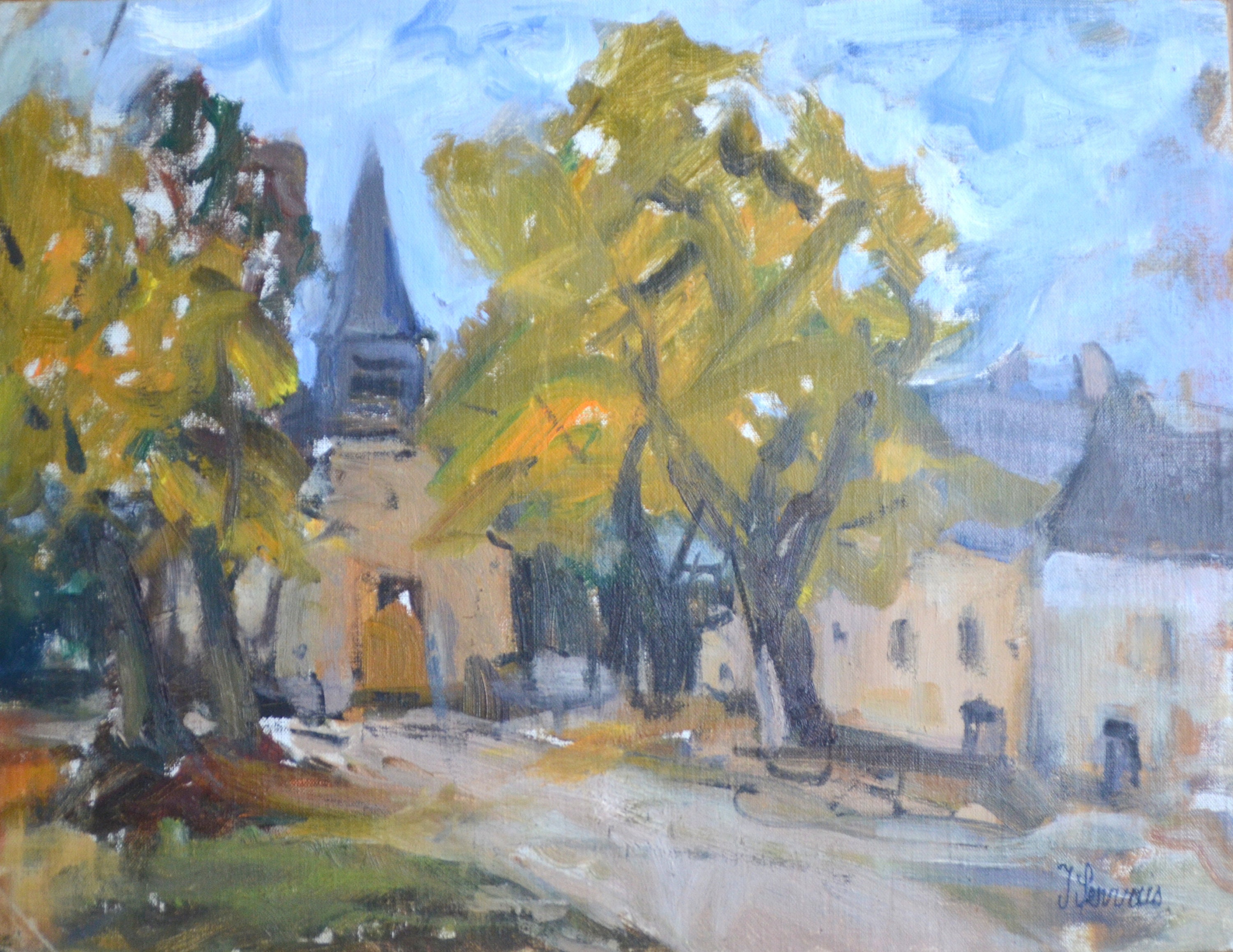 Huile Originale à Bord, Place Du Village, Platanes et Église, Signé J. Lenvais