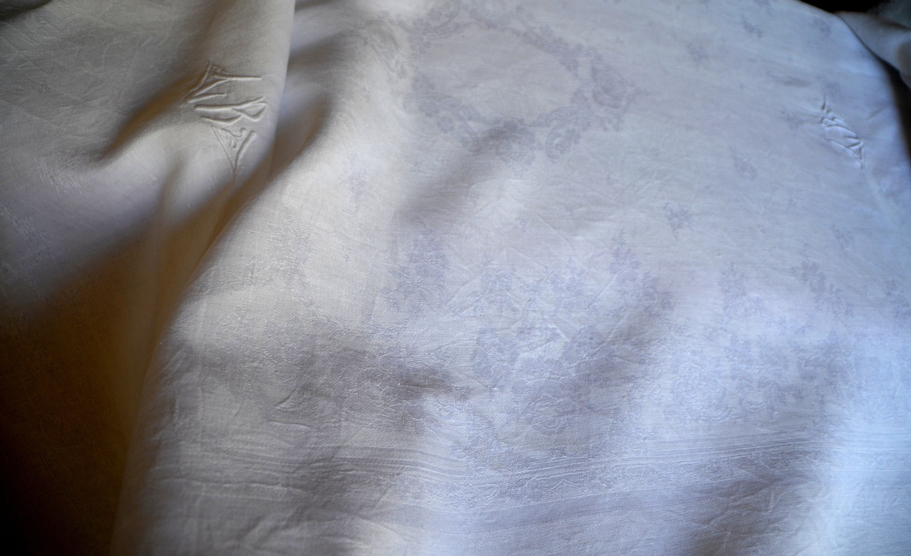Antique French Pure Linen, Floral Damask Table Cloth, 2 Hand ...