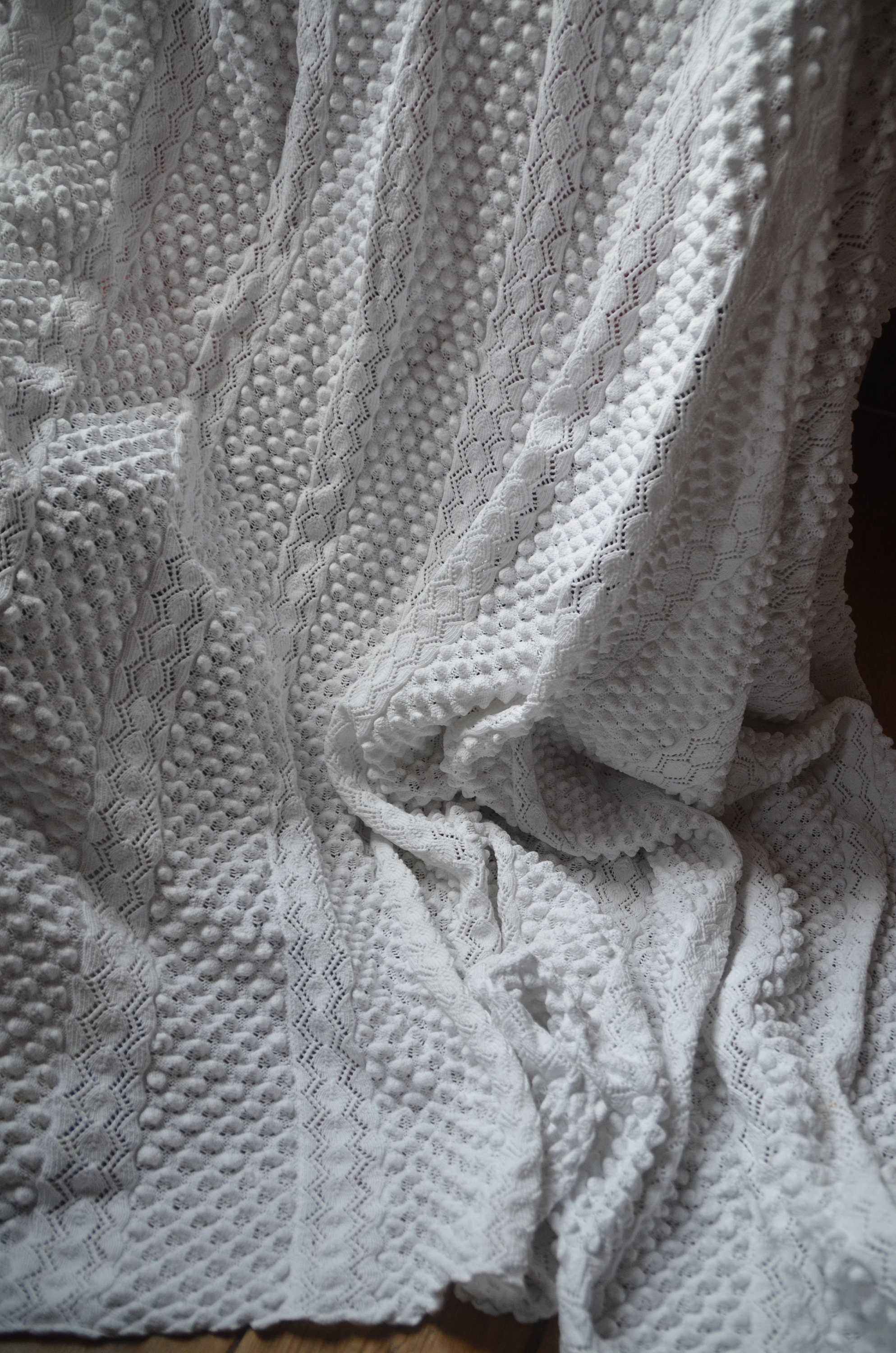 Antiqu'français Coton Pur Tricoté à La Main Couverture de Lit Blanc ou Jeter, 90 X 80