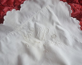 Pure cotton pillow sham, hand embroidered MC monogram, scalloped edges and white work