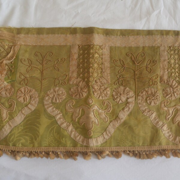 Hand embroidered green silk damask cantonnière with silk appliqué ribbon and cord,  for sewing projects