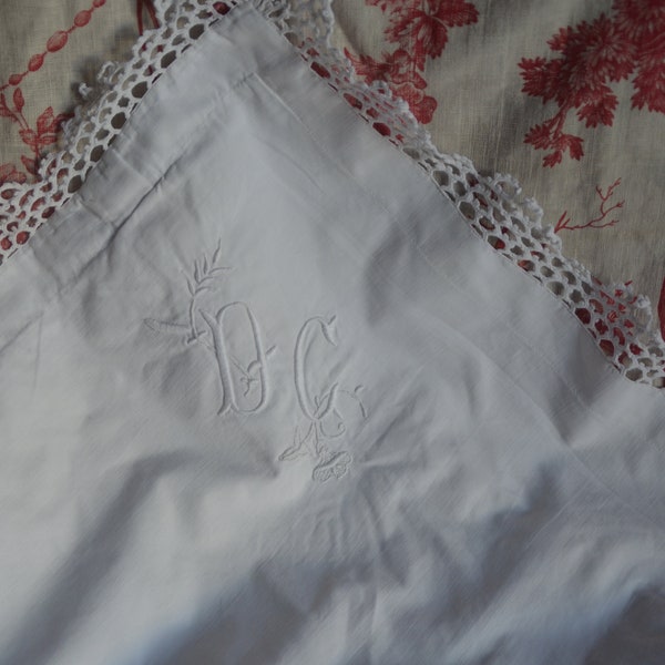 Hand embroidered dowry pillow sham, DC monogram with white work sprays, crochet scalloped edge