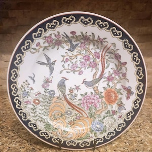 Vintage Macao Hand-Painted Decorative Plate Oriental Motif with Birds, Blossoms & Peacock 10&quot; Wall Art  Collectible Porcelain Display Plate