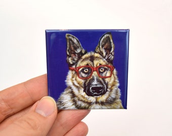 Aimant berger allemand : chien hipster avec des lunettes, oeuvre d'art carrée pour réfrigérateur de 2 po.